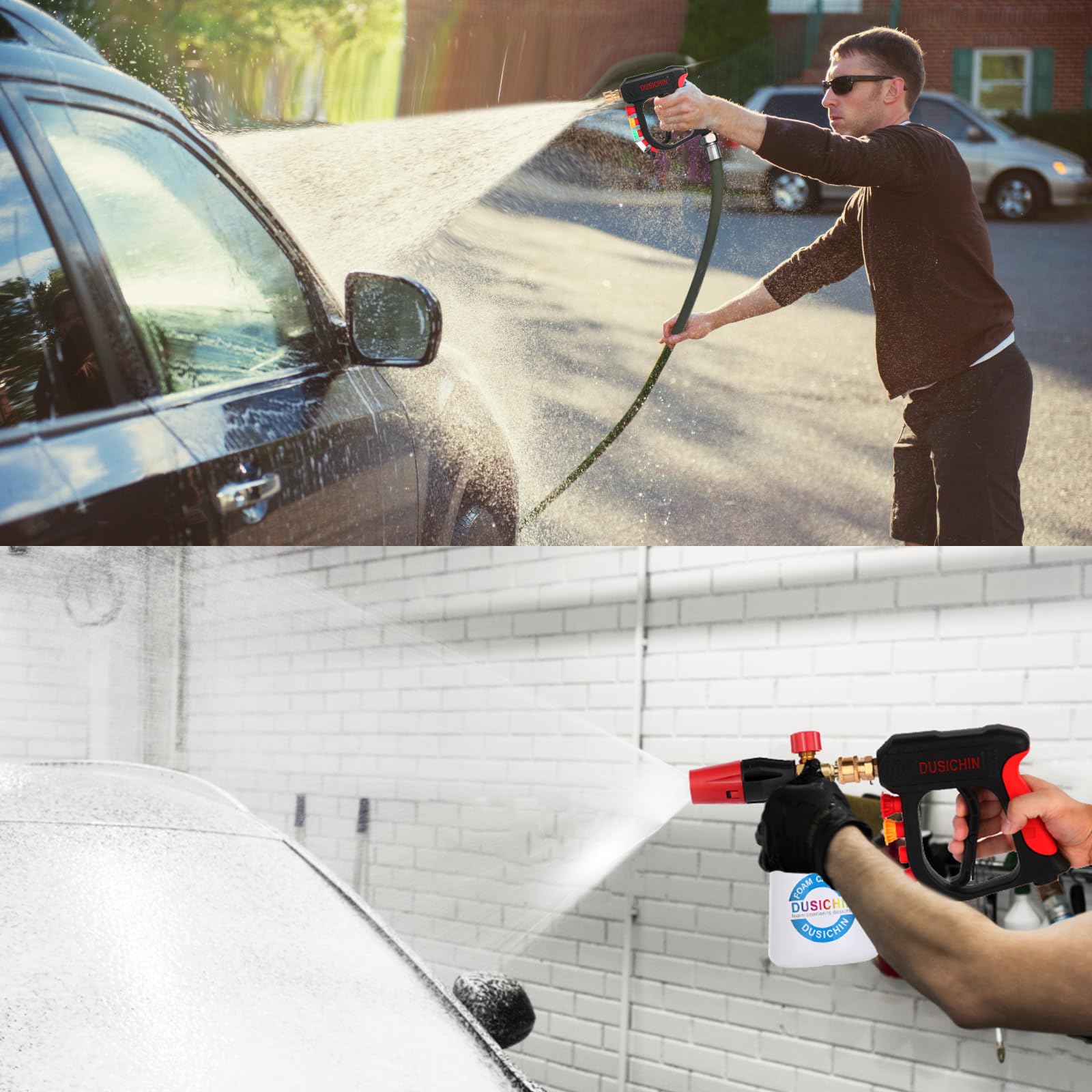 DUSICHIN lifestyle driveway cleaning scene showing efficient outdoor wash coverage