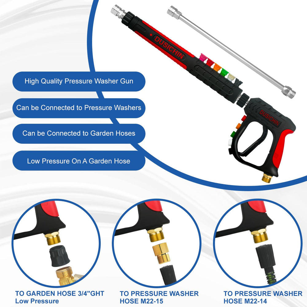 DUSICHIN six pressure washer nozzles lined up for varied spray patterns