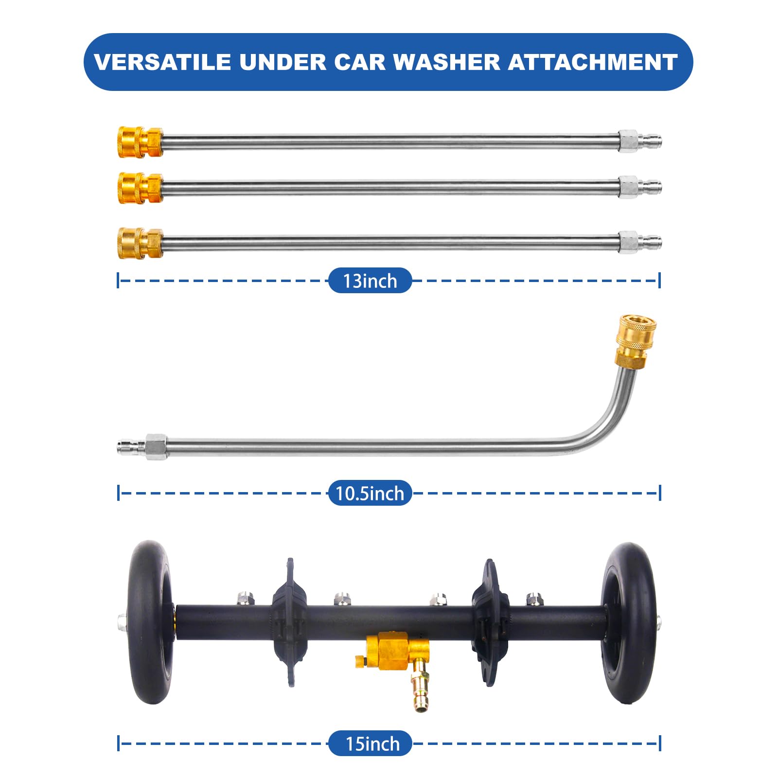 DUSICHIN attachment in use beneath an SUV, demonstrates safe underbody cleaning without crawling