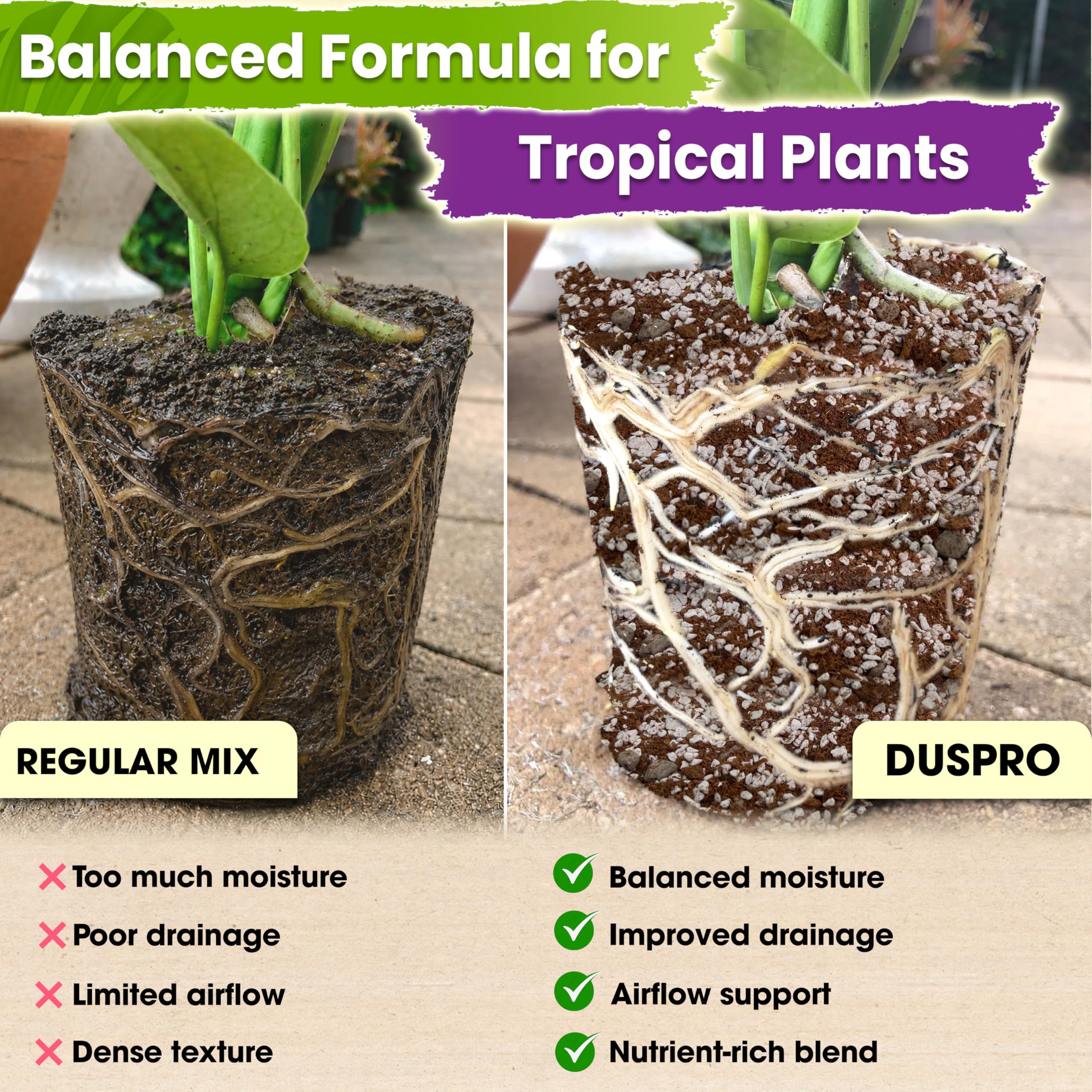 DUSPRO coco coir and pine bark texture demonstrating moisture balance benefit