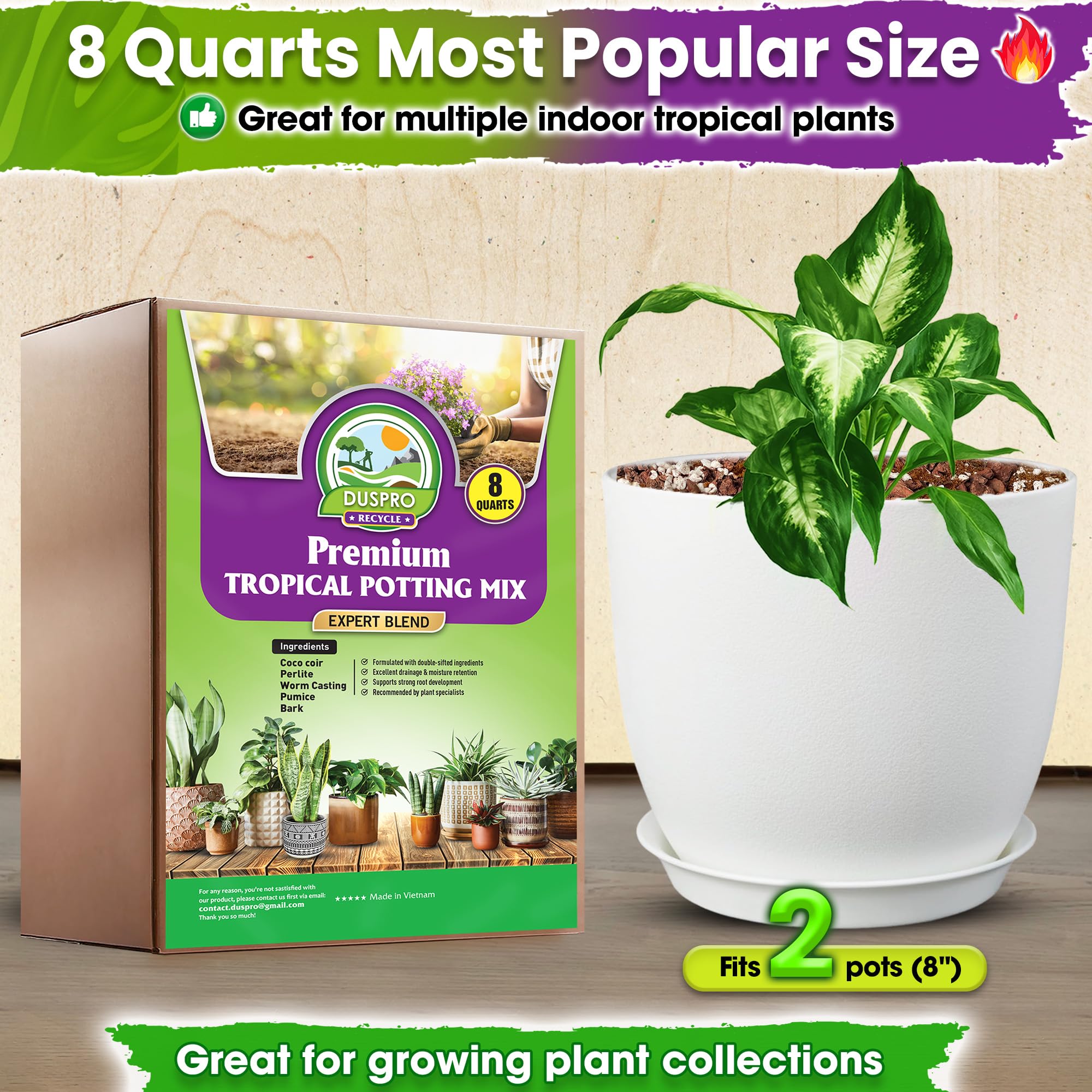 DUSPRO volume comparison next to two 8-inch pots showing how much soil fits