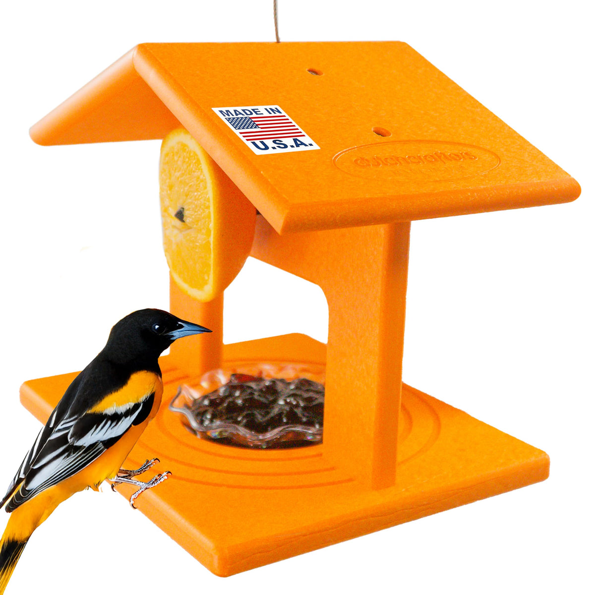 DutchCrafters front view of orange oriole feeder showing bright attractant