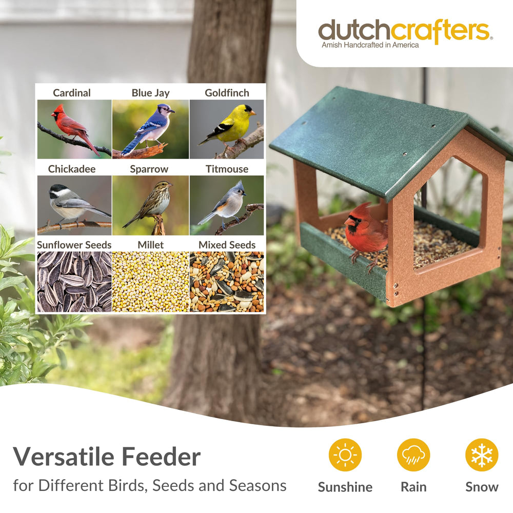 DutchCrafters feeder filled with seed showing large capacity and easy refilling