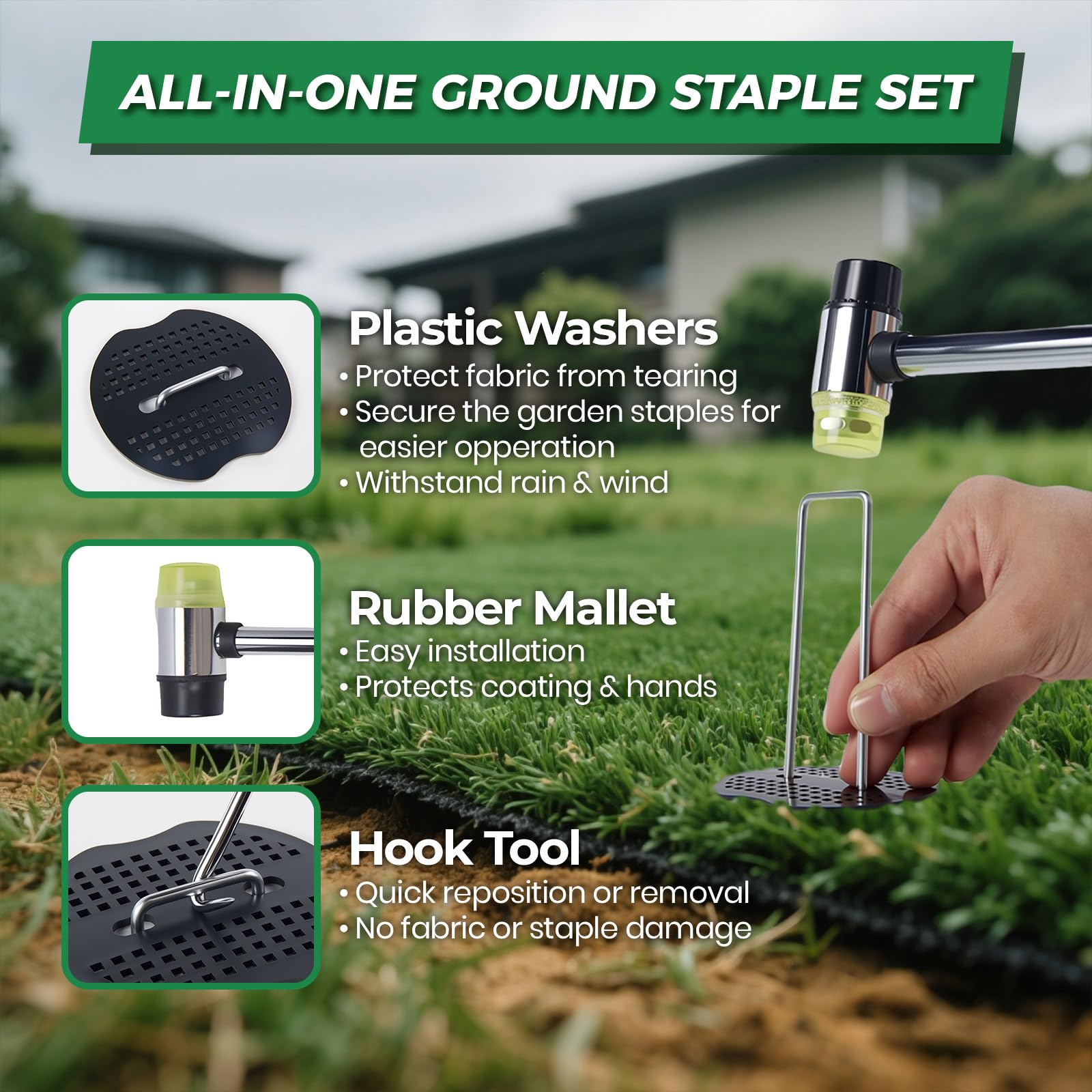 DUUKFE staples driven through weed barrier for secure, even holding