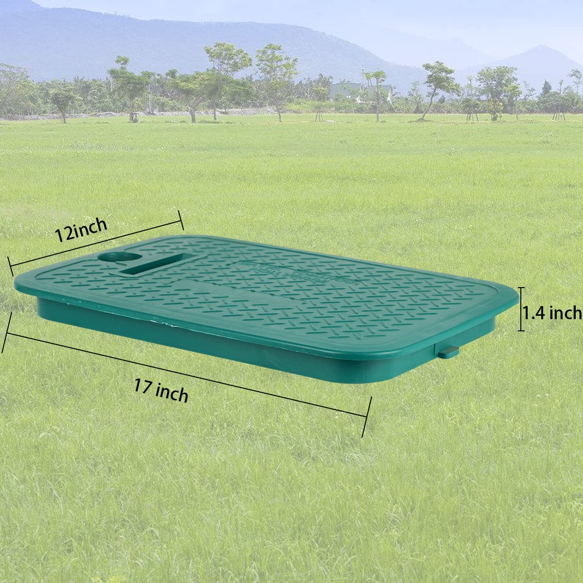 DVECUE garden scene with lid in place illustrating tidy landscape and durability benefit
