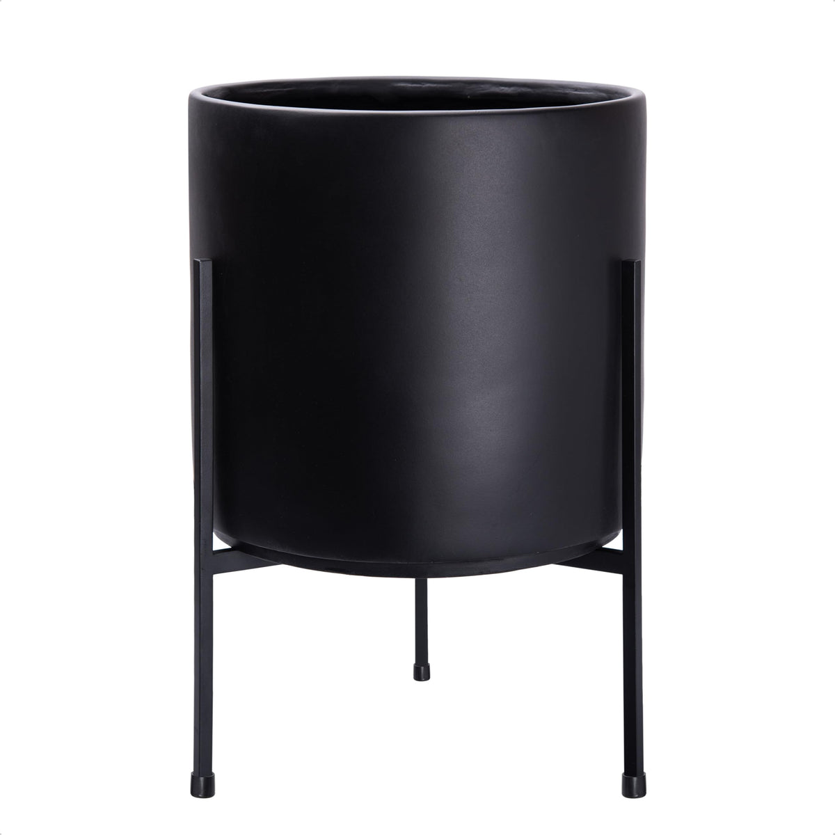 D'vine Dev front view of black cylinder planter and stand, modern decor benefit