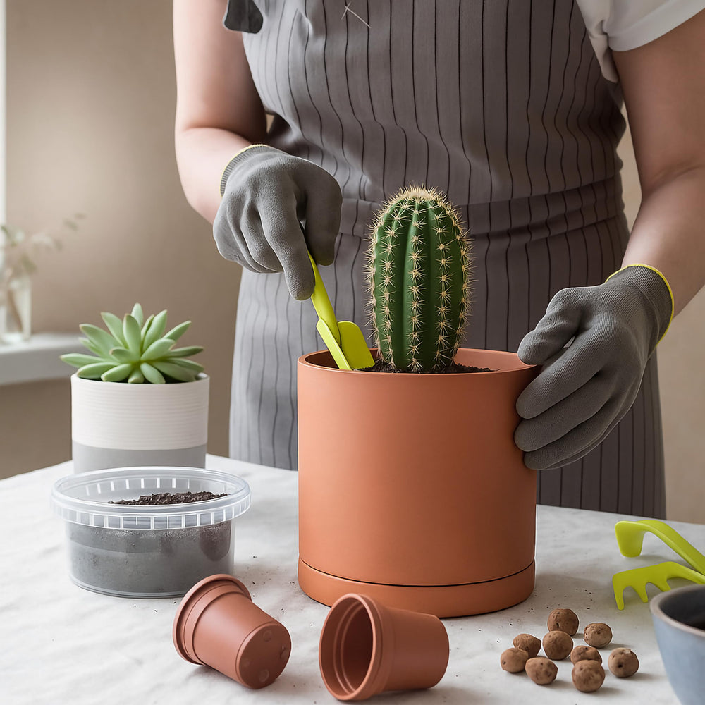 D'vine Dev maceta en uso sobre mesa con almohadilla protectora, protege muebles.