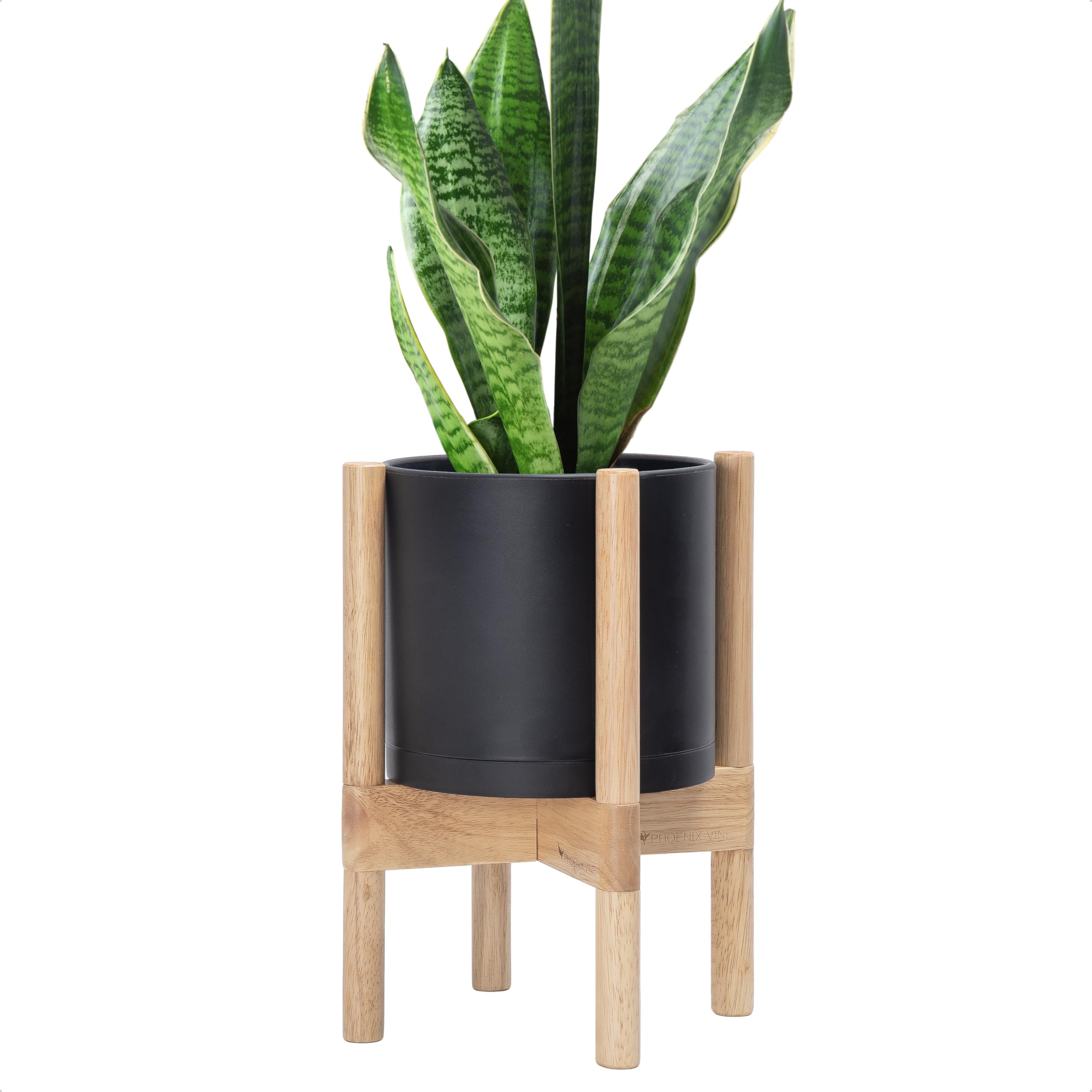 D'vine Dev front view of black planter and wood stand showing modern appeal