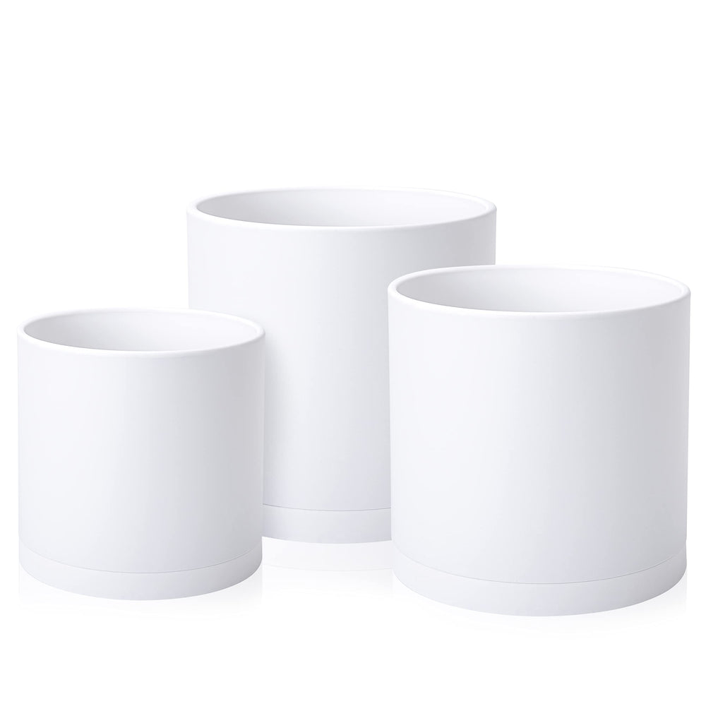 D'vine Dev front view of 3-pack white planters showing uniform modern style and practicality