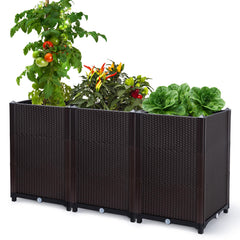 D'vine Dev front view of three-pack planter showing modular elevated beds and tidy footprint for compact spaces