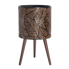 D'vine Dev front view of planter with wood stand, stylish elevated display