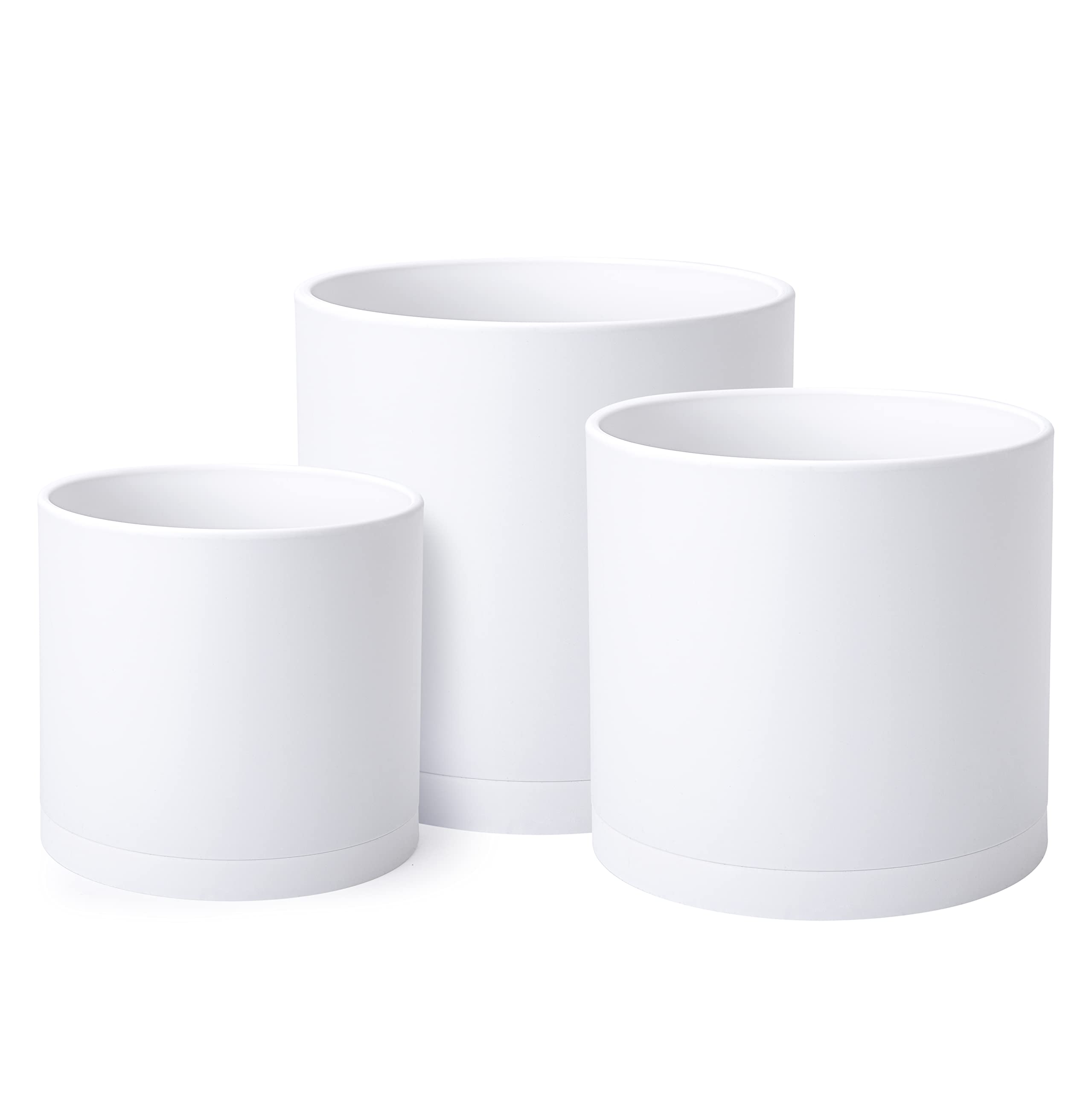 D'vine Dev front view of three white pots showing clean modern design and ease of styling