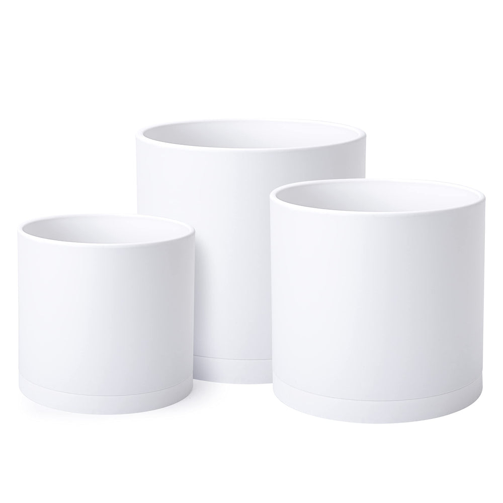 D'vine Dev front view of three white pots showing clean modern design and ease of styling