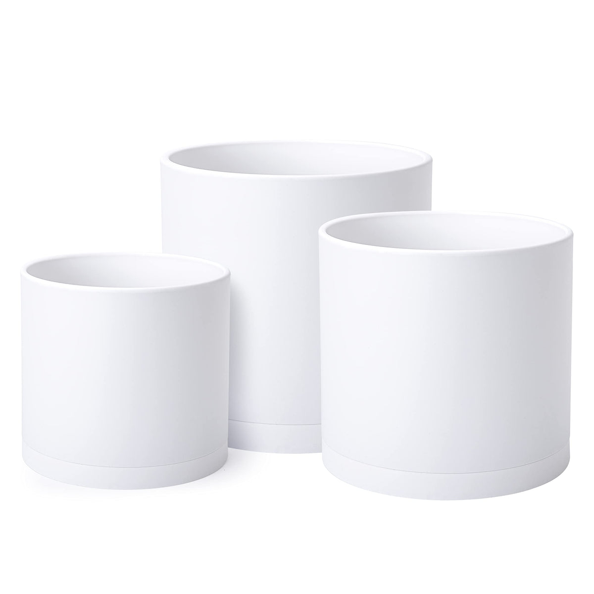 D'vine Dev front view of three white pots showing clean modern design and ease of styling
