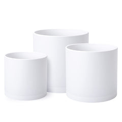 D'vine Dev front view of three white pots showing clean modern design and ease of styling
