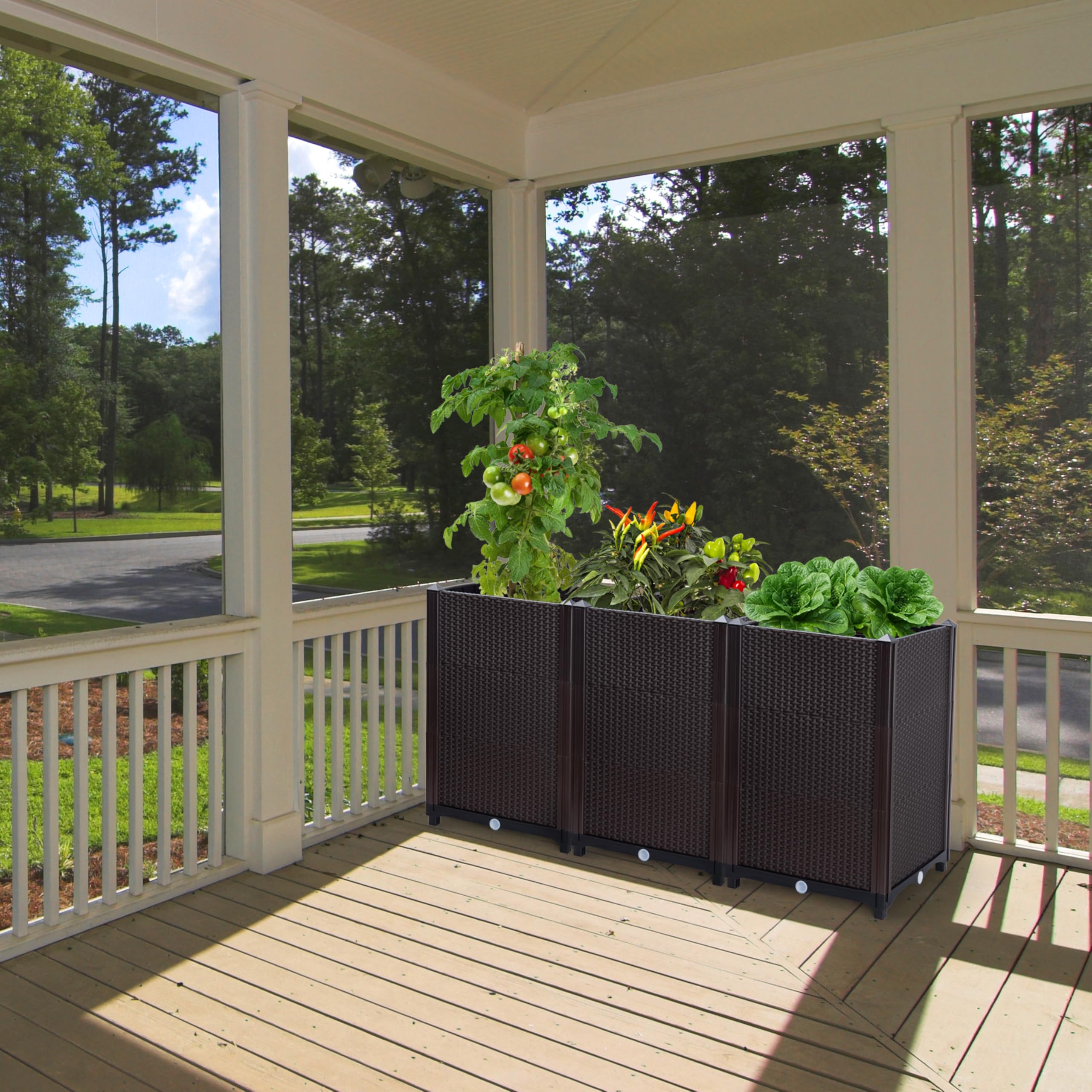 D'vine Dev planters in use on a balcony with vegetables showing space-saving gardening and increased yield potential