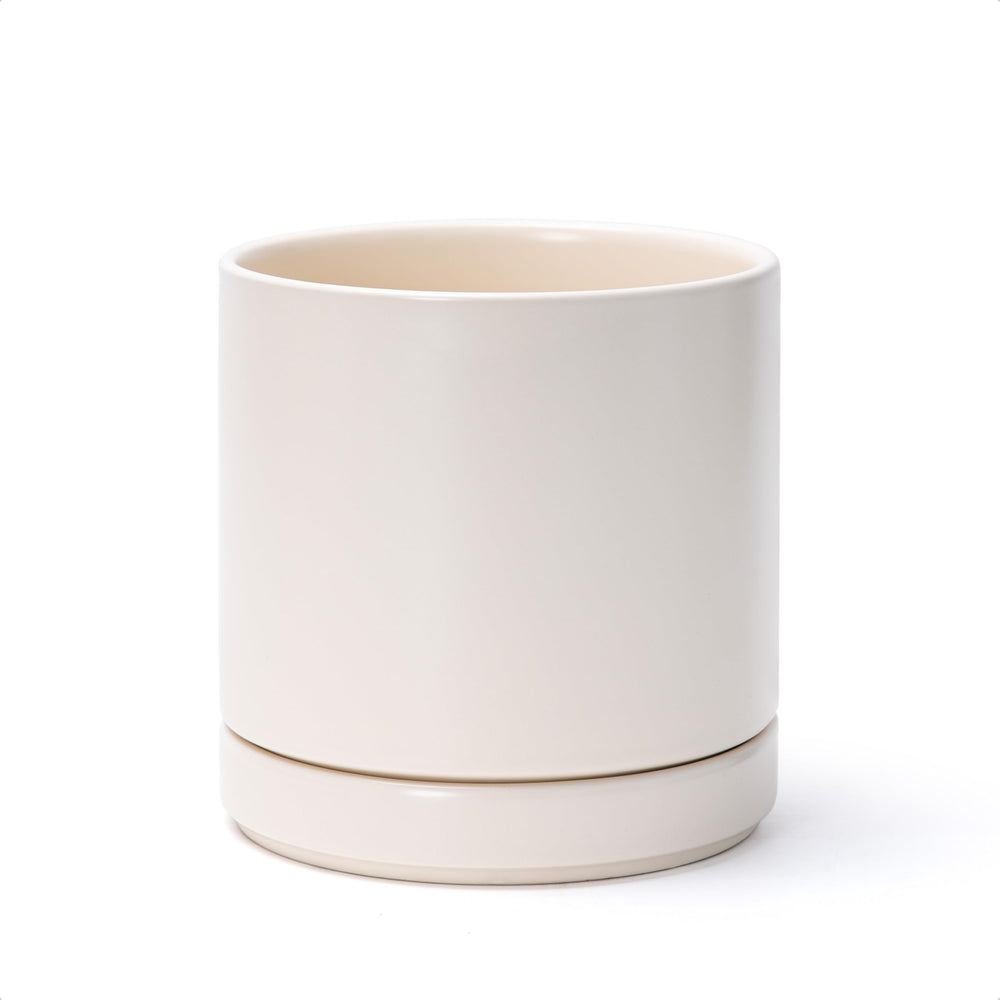 D'vine Dev front view of oatmeal ceramic planter showing clean modern shape and neutral tone