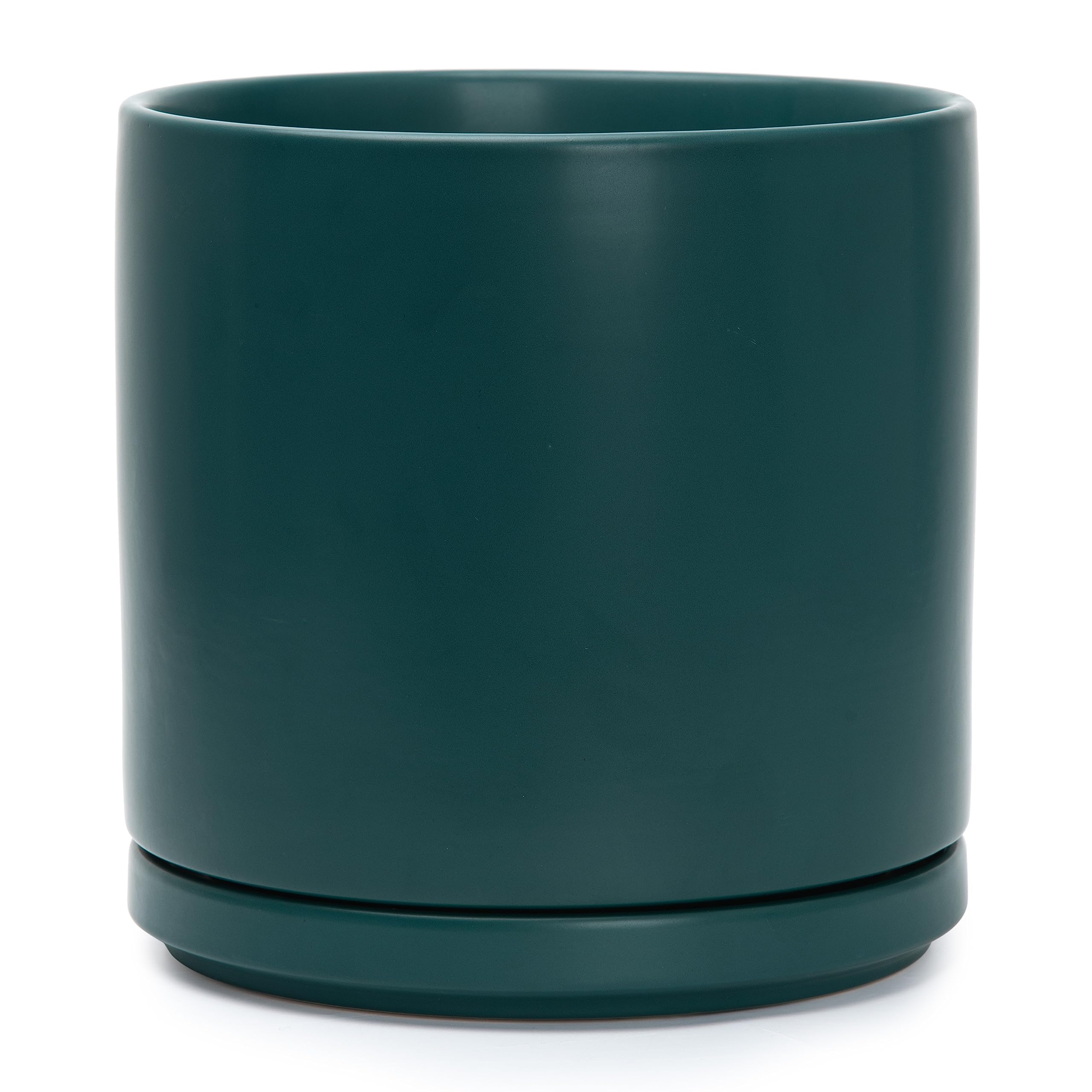 D'vine Dev front view of teal planter showing modern cylinder and neat finish benefit display