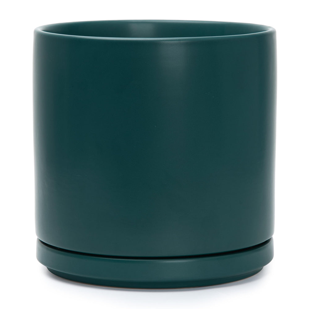 D'vine Dev front view of teal planter showing modern cylinder and neat finish benefit display