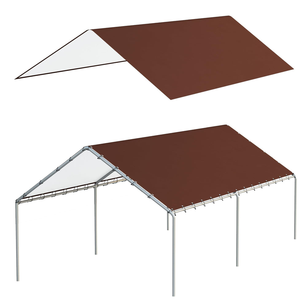 DWALE brown 10x20 canopy front view showing full coverage and protection