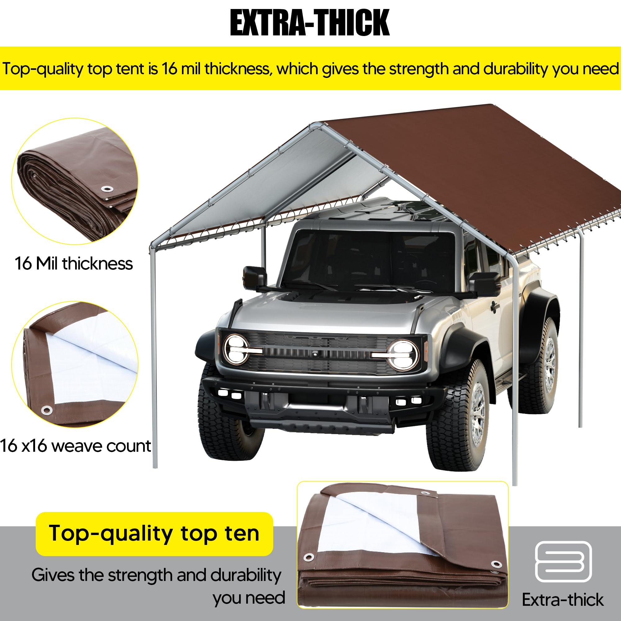DWALE canopy beside two vehicles illustrating 10x20 size and scale