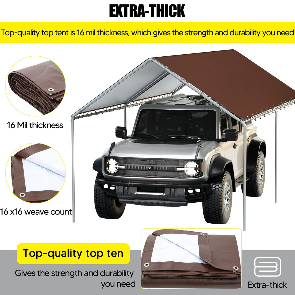 DWALE canopy beside two vehicles illustrating 10x20 size and scale