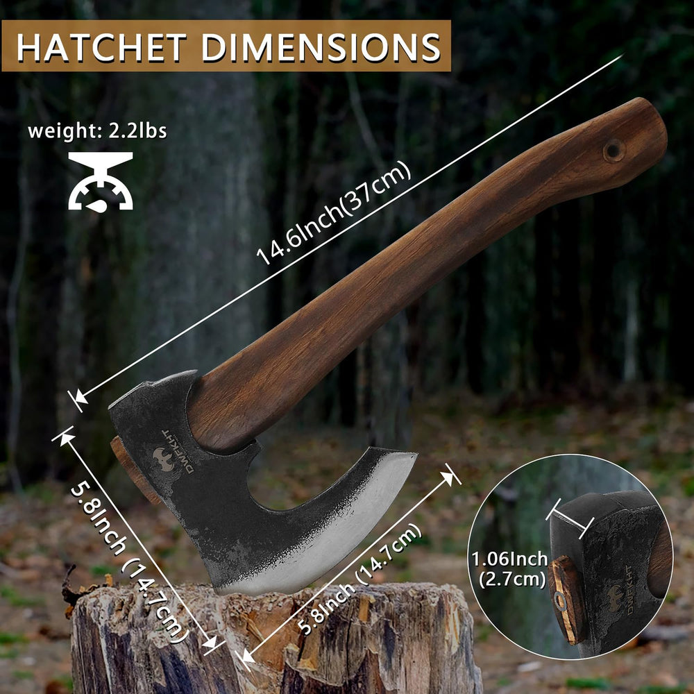 DWFKHT hatchet head close-up showing 1065 carbon steel edge for durable cutting