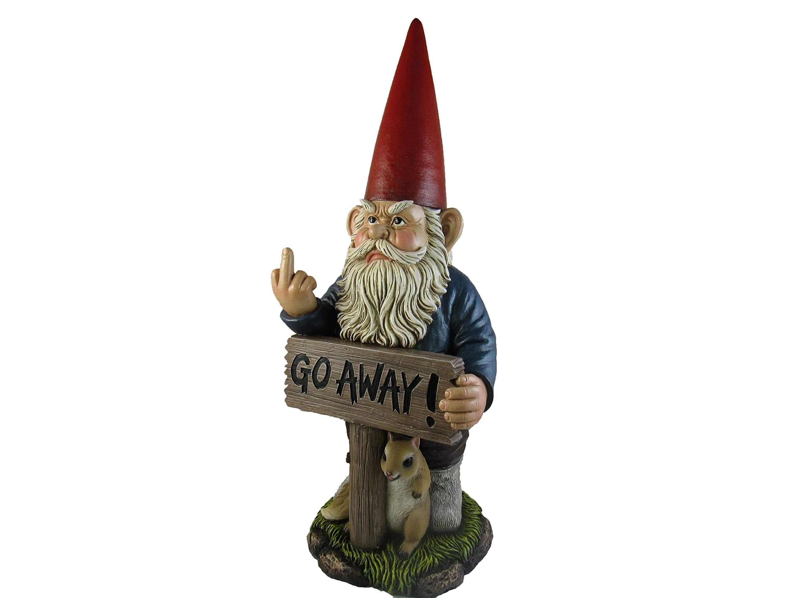 DWK garden gnome sign close-up showing 'Go Away' message and humor