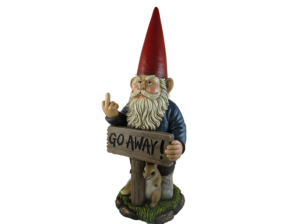 DWK garden gnome sign close-up showing 'Go Away' message and humor