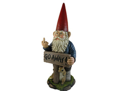 DWK garden gnome sign close-up showing 'Go Away' message and humor