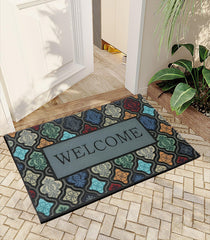 DWKKX front view teal flower mat adds curb appeal and traps dirt
