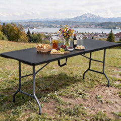 DWVO 6FT folding table front view showing sturdy surface and black finish for reliable use