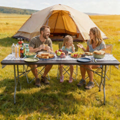 DWVO folding table collapsed with integrated carry handle for quick transport and storage