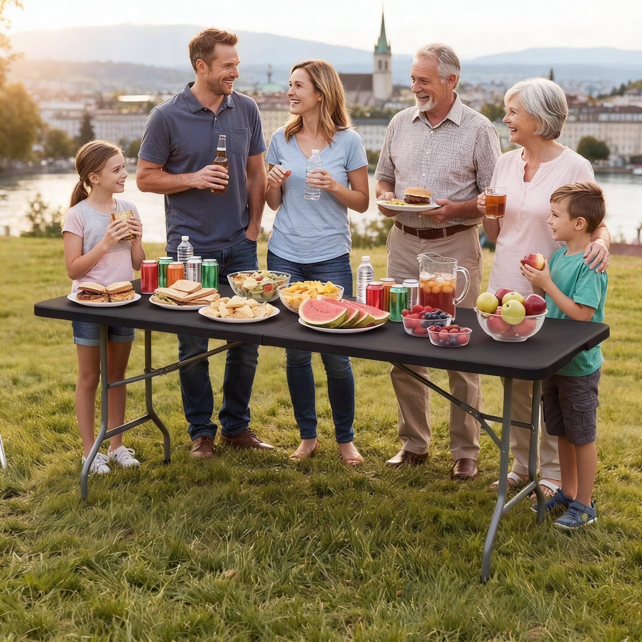 DWVO table next to folding chairs for size comparison and seating for up to six people