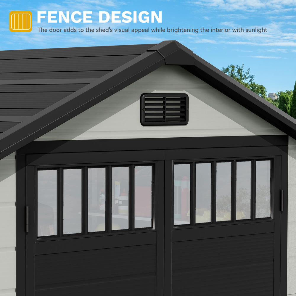 DWVO shed in backyard lifestyle shot showing neat storage and improved outdoor organization