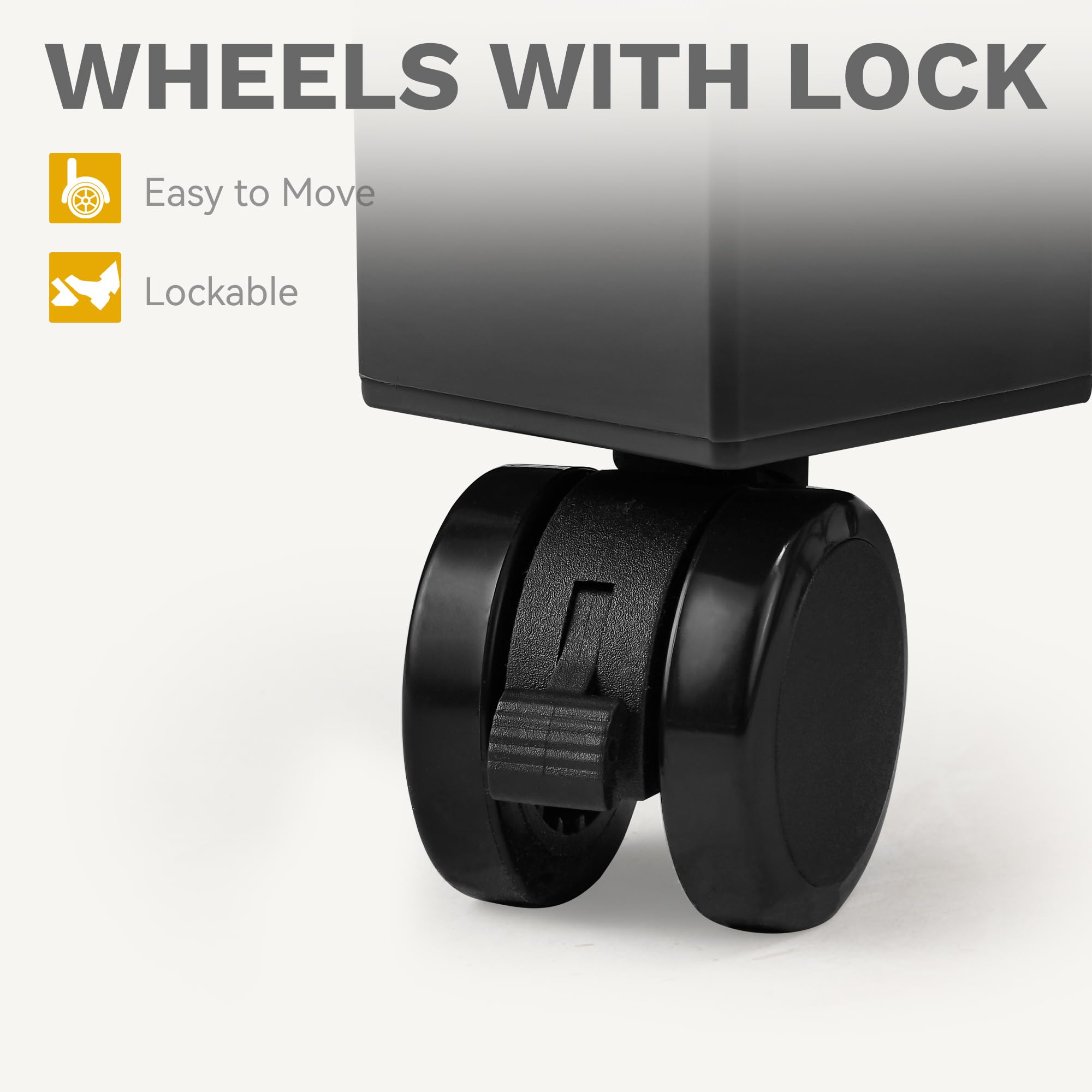 DWVO caster close-up showing two lockable wheels for stable positioning benefit