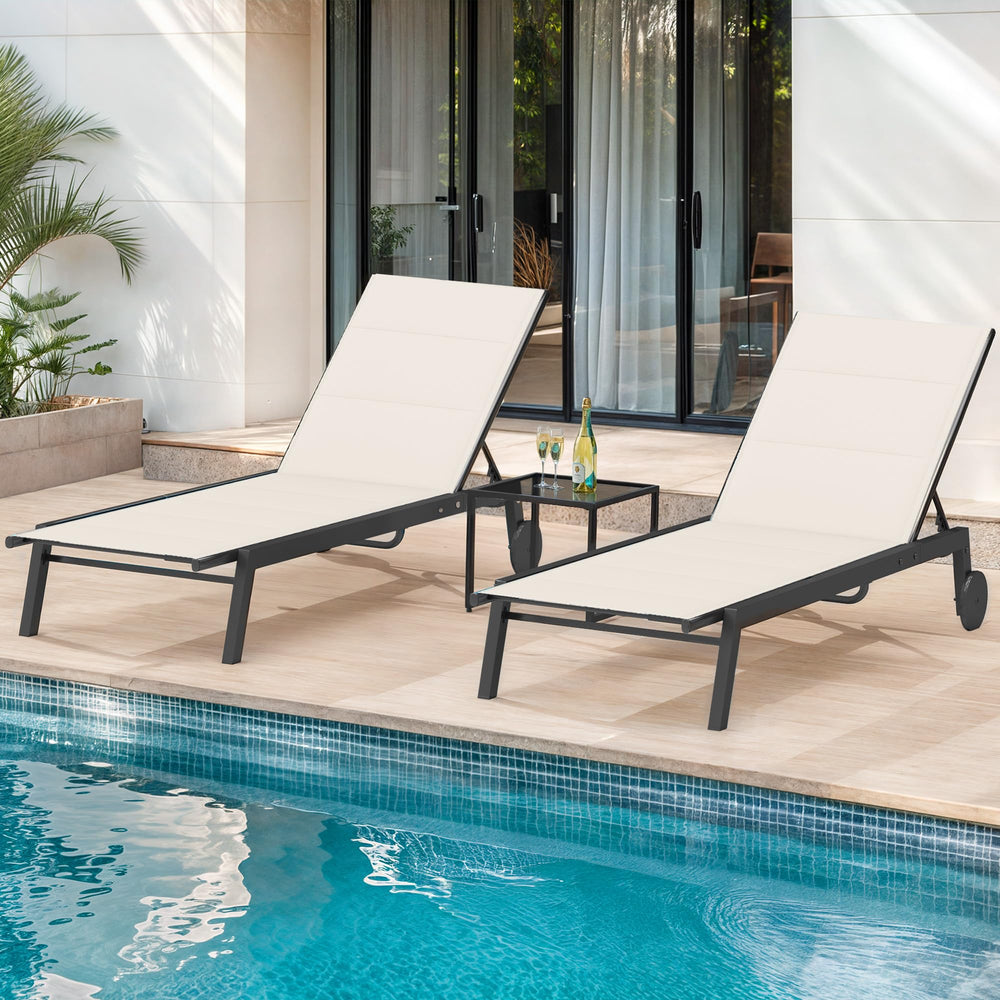 DWVO chaise lounge front view showing beige fabric and side table, comfortable outdoors