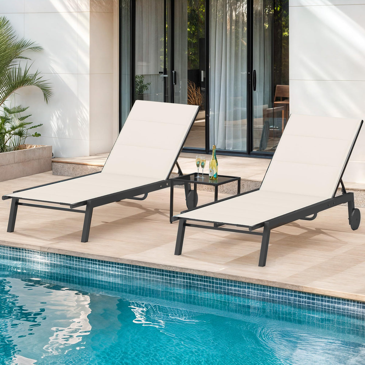 DWVO chaise lounge front view showing beige fabric and side table, comfortable outdoors