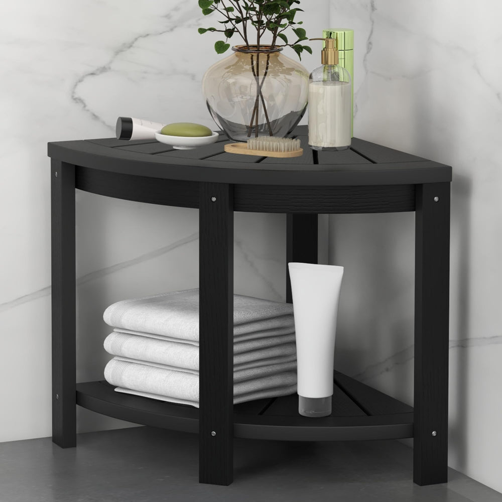 DWVO stool front view showing compact corner design and sturdy support