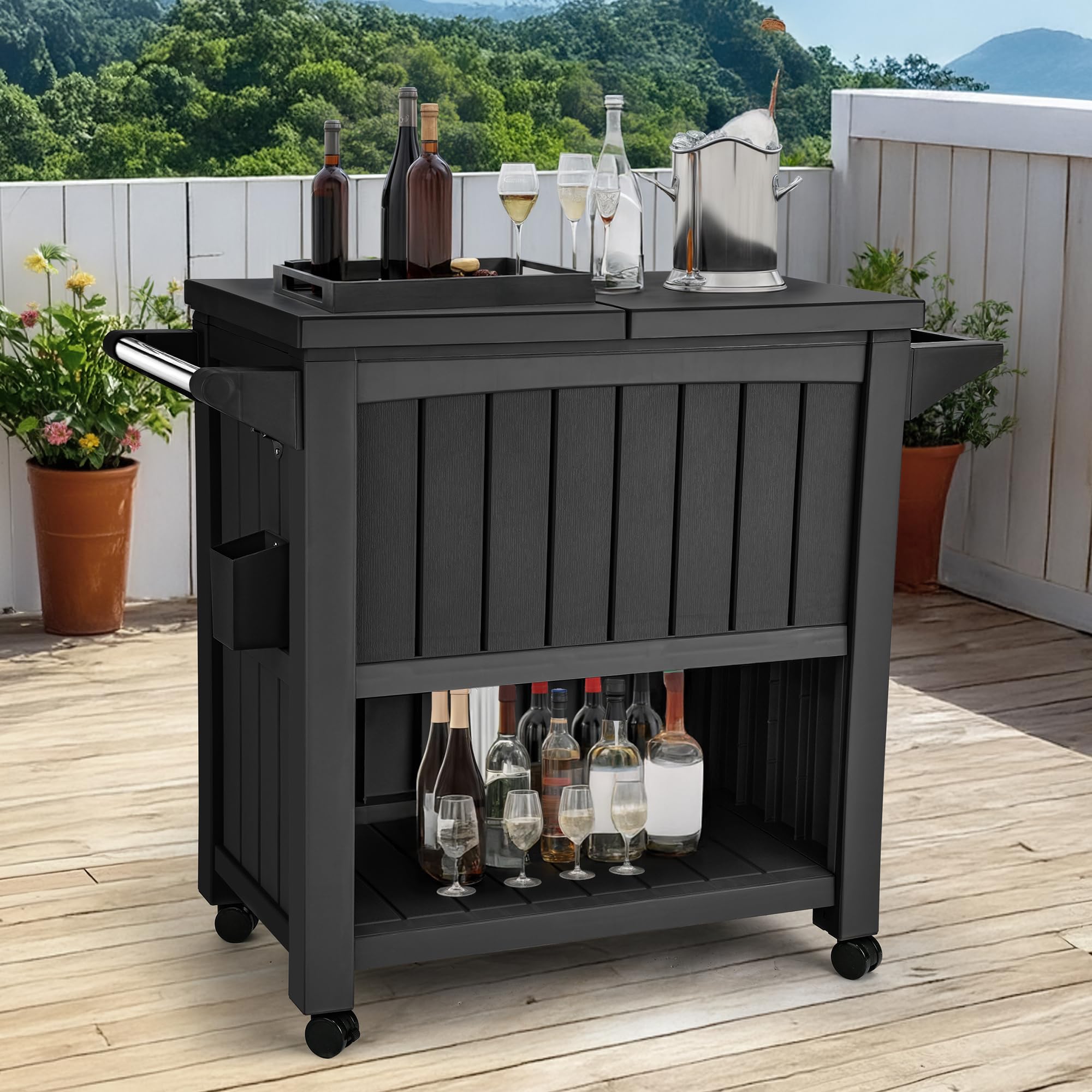 DWVO front view of rolling 85 qt cooler showing storage capacity and handle benefit
