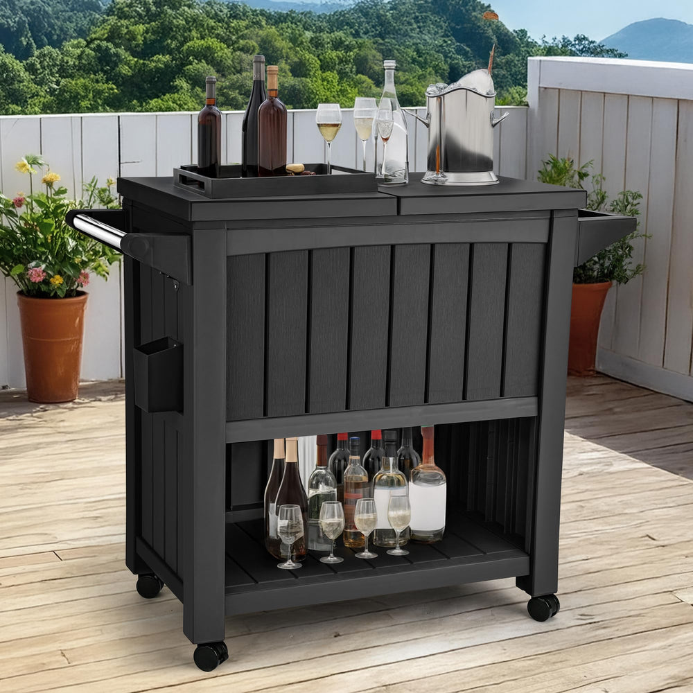 DWVO front view of rolling 85 qt cooler showing storage capacity and handle benefit