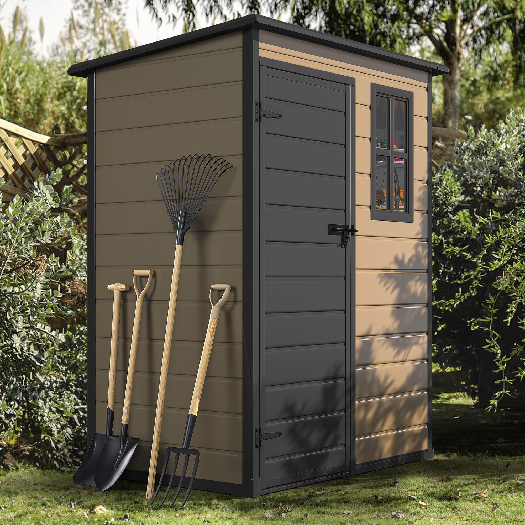 DWVO front view of brown shed showing lockable door and curb appeal