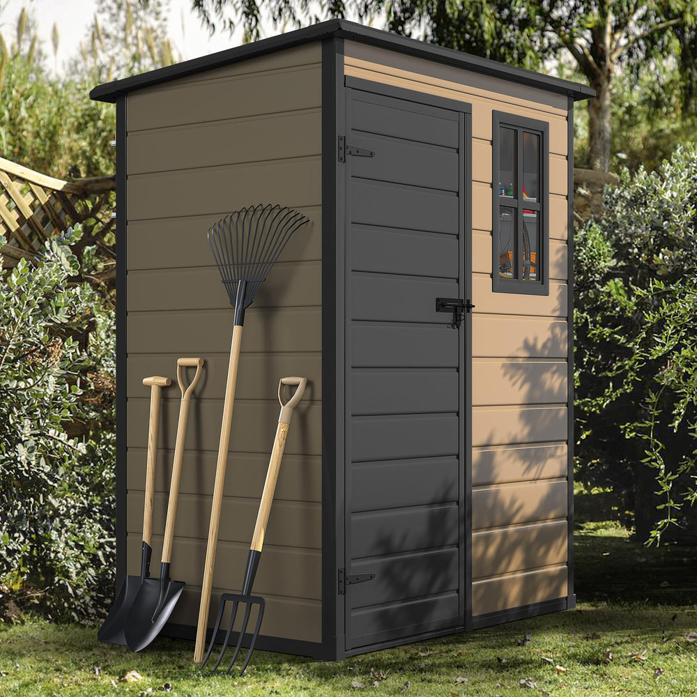 DWVO front view of brown shed showing lockable door and curb appeal