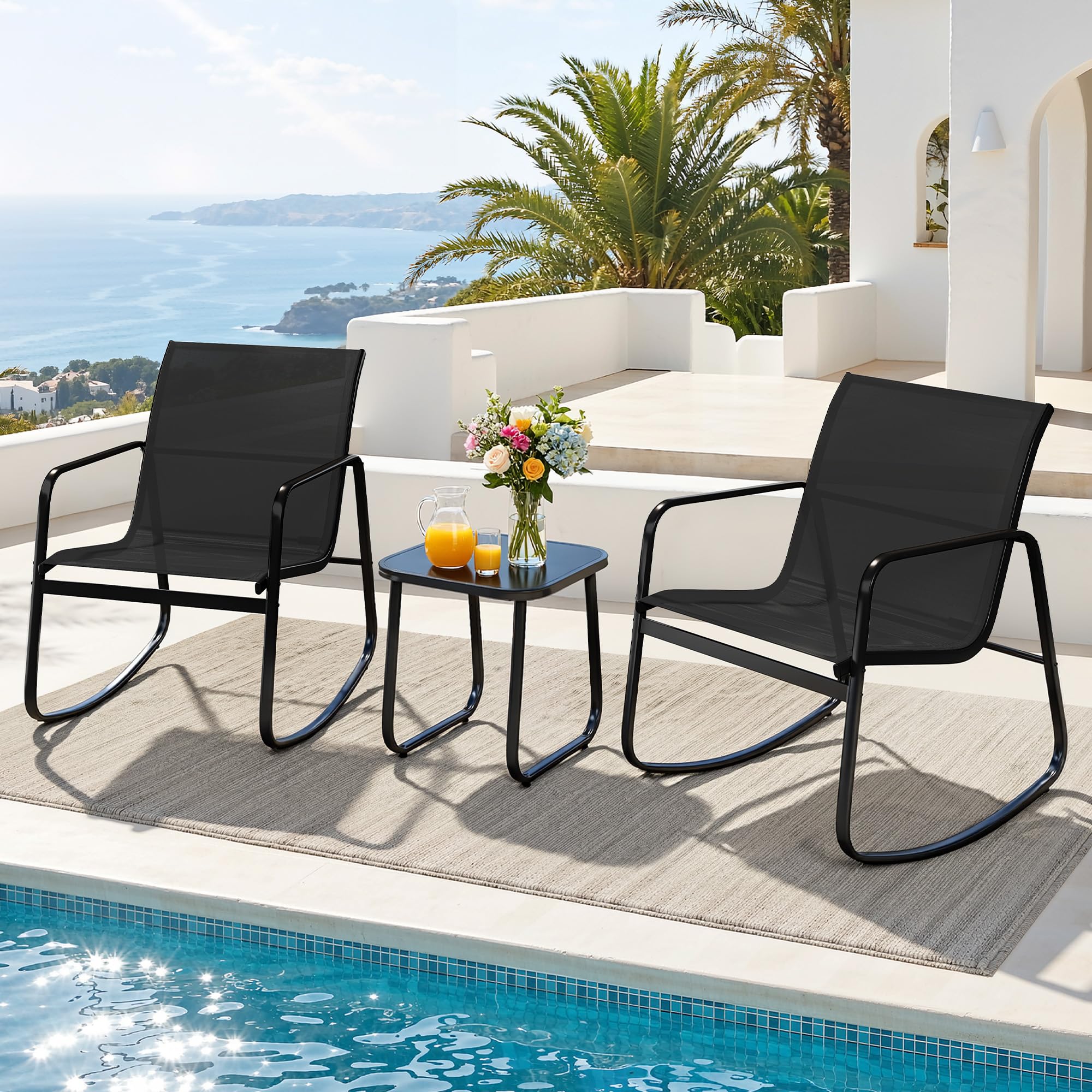 DWVO front view of two rocking chairs and table showing comfortable patio setup