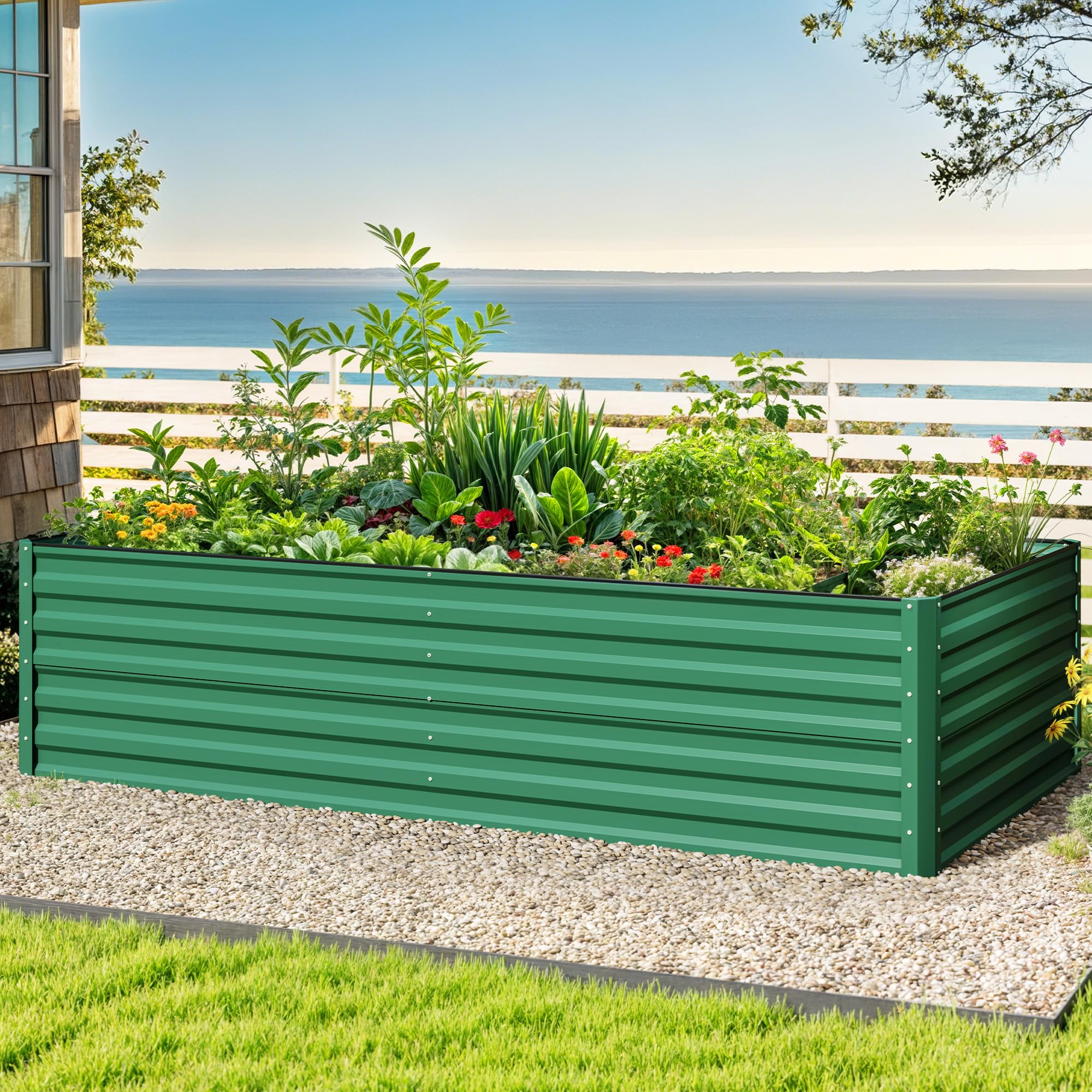 DWVO raised bed beside a person demonstrating scale and planting depth