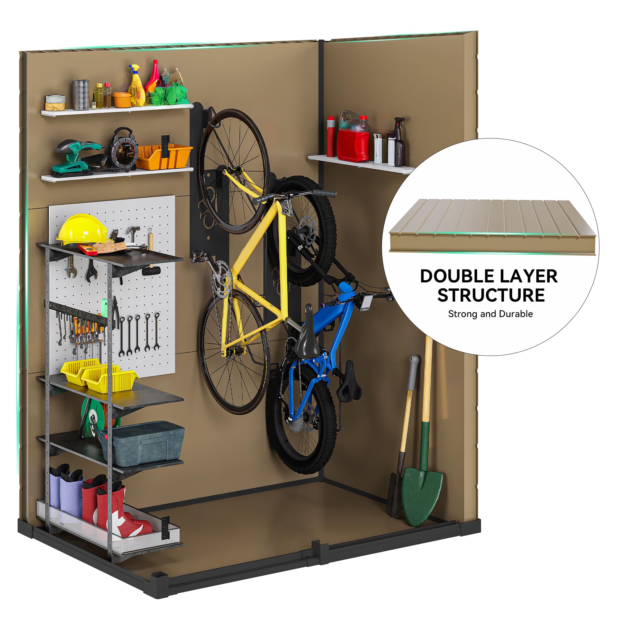 DWVO interior staged with garden tools showcasing organized storage benefit