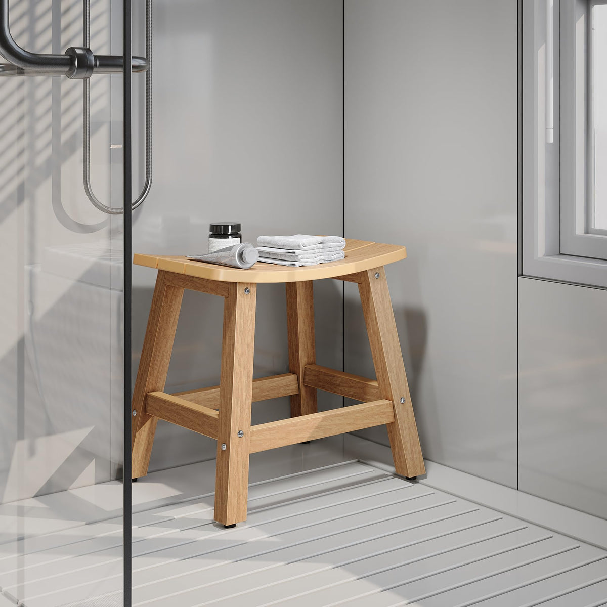 DWVO teak bench front view showing stable seat and tidy storage