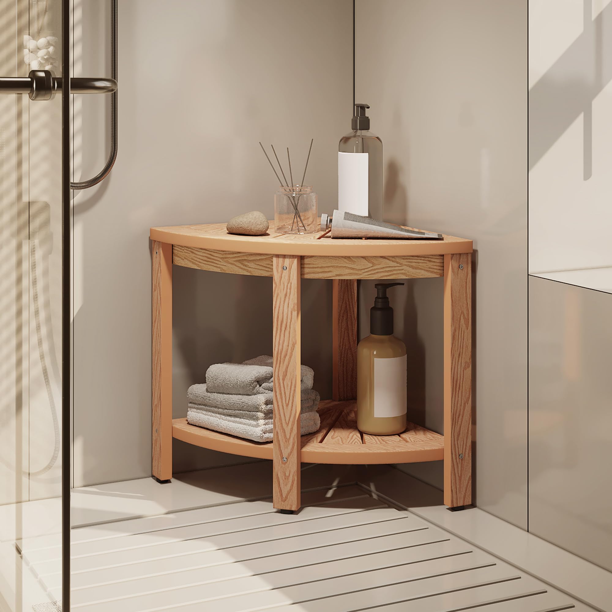 DWVO teak front view showing compact corner-friendly design and sturdy seat