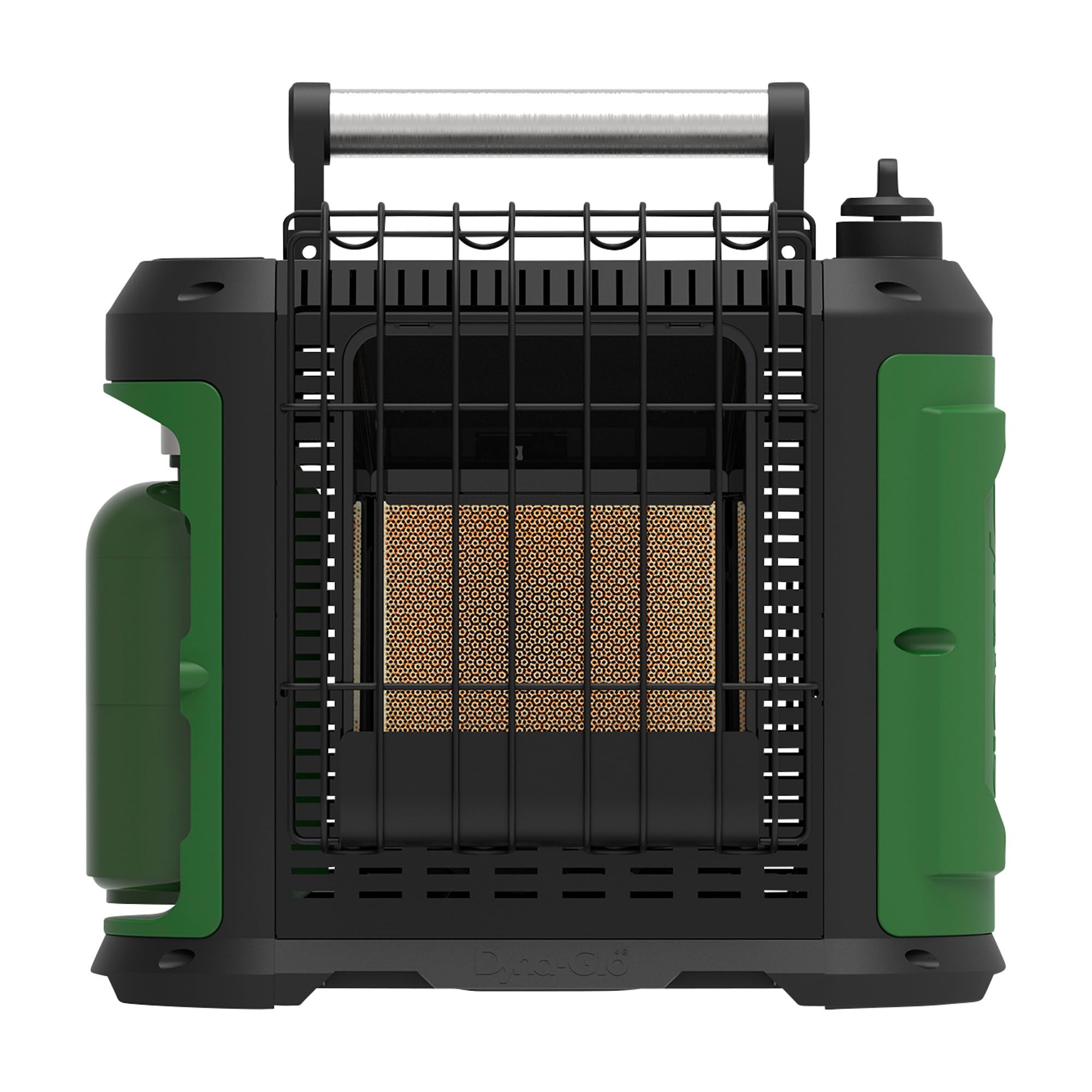 Dyna-Glo front view showing green finish and controls, portable warmth for small spaces