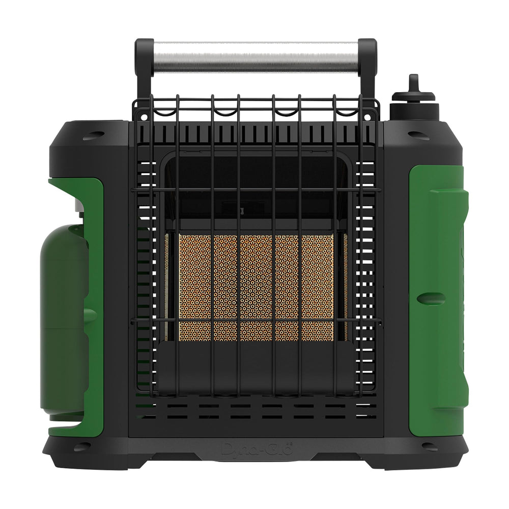 Dyna-Glo front view showing green finish and controls, portable warmth for small spaces